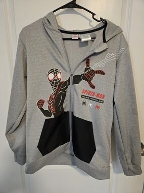 Marvel Light Grey Heather Kids' Spider-Man Hoodie with Black Trim and Red Logo